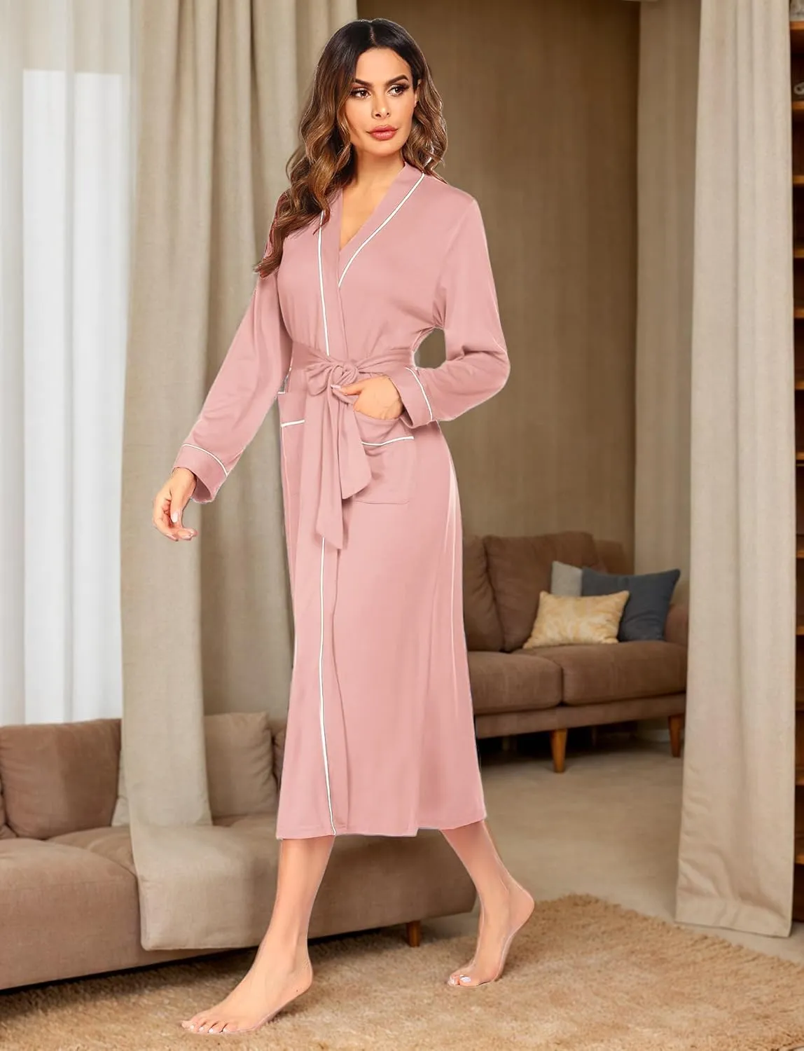 Ekouaer Women Kimono Robes Full Length Knit Bathrobe Lightweight Soft Sleepwear V-neck Casual Ladies Loungewear S-XXL