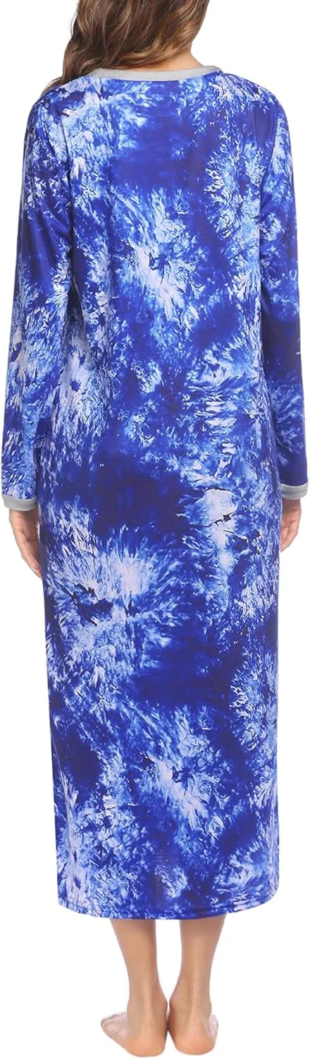 Ekouaer Women's Long Sleeve Nightgown Full Length Sleepwear Long Sleepshirts Henley Sleep Dress S-4XL