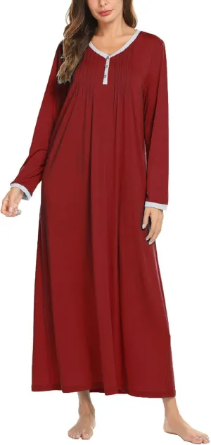 Ekouaer Women's Long Sleeve Nightgown Full Length Sleepwear Long Sleepshirts Henley Sleep Dress S-4XL