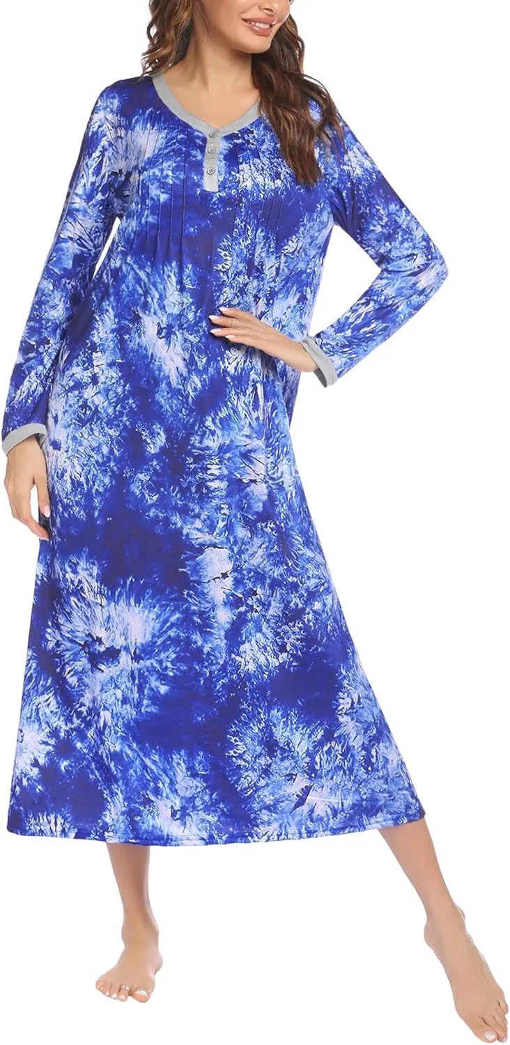Ekouaer Women's Long Sleeve Nightgown Full Length Sleepwear Long Sleepshirts Henley Sleep Dress S-4XL