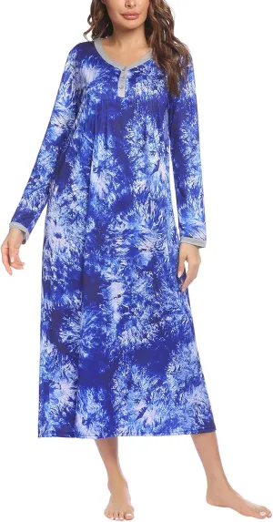 Ekouaer Women's Long Sleeve Nightgown Full Length Sleepwear Long Sleepshirts Henley Sleep Dress S-4XL