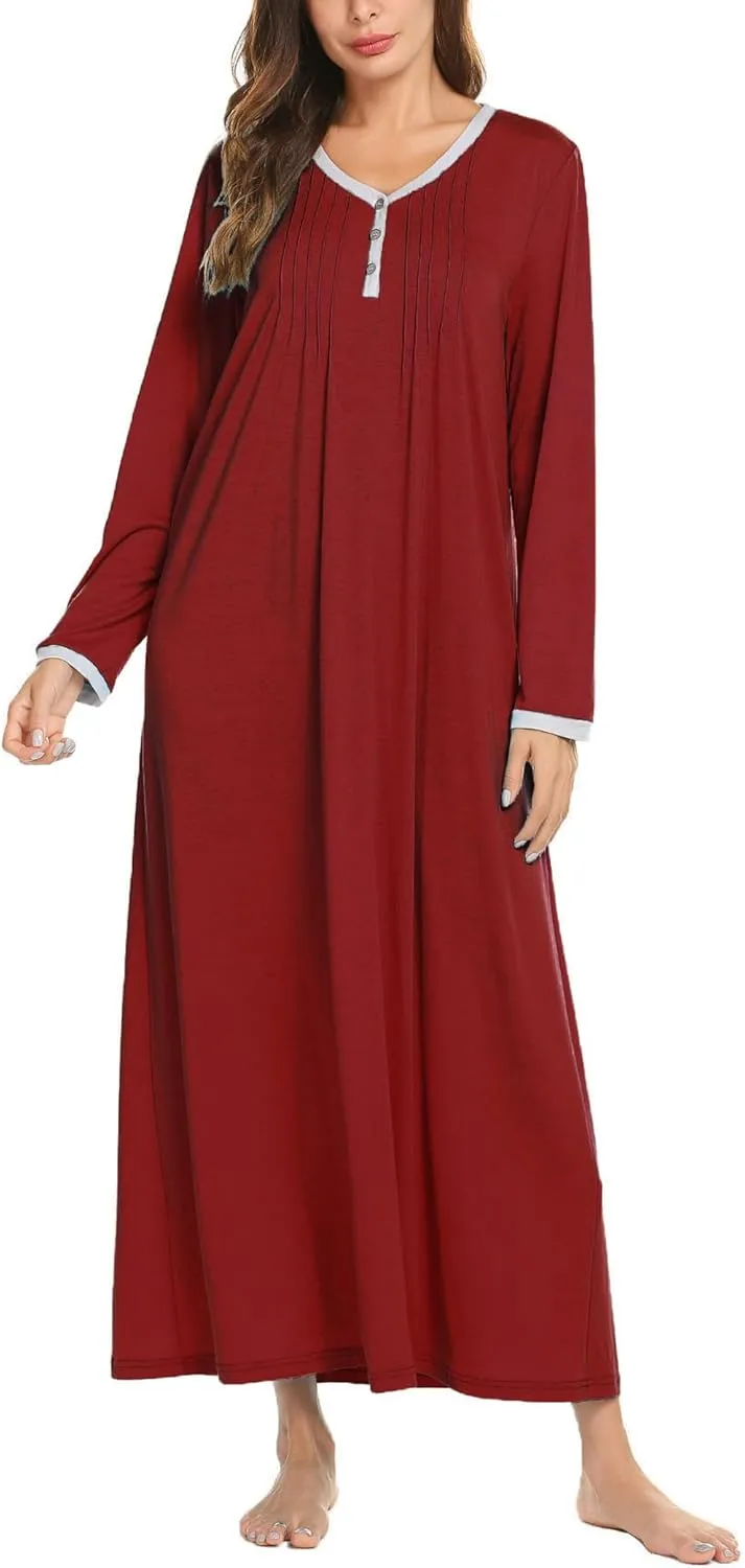 Ekouaer Women's Long Sleeve Nightgown Full Length Sleepwear Long Sleepshirts Henley Sleep Dress S-4XL