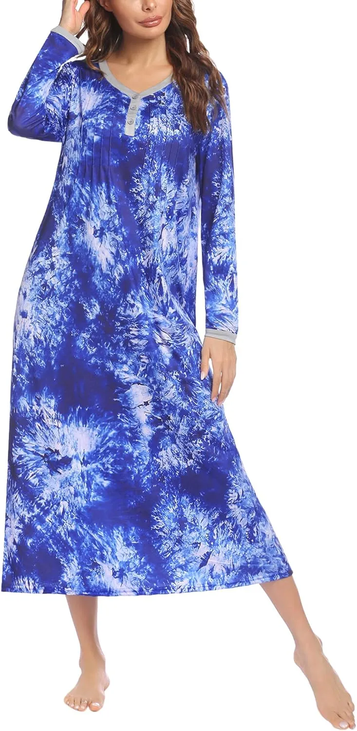 Ekouaer Women's Long Sleeve Nightgown Full Length Sleepwear Long Sleepshirts Henley Sleep Dress S-4XL