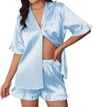 Ekouaer Womens Satin Pajamas Cute Ruffle Sleeve Printed Sleepwear Button Down Silk Pjs Set