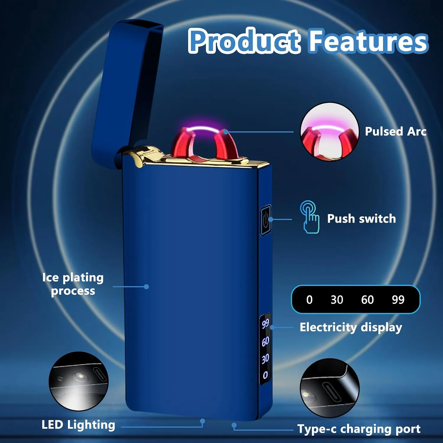 Electric Lighter USB Type-C Rechargeable Plasma Arc Lighter, High Power Flame Torch Lighter Windproof with LED Battery Indication Candle, Incense, Camping Gifts (Blue, 220mAh)