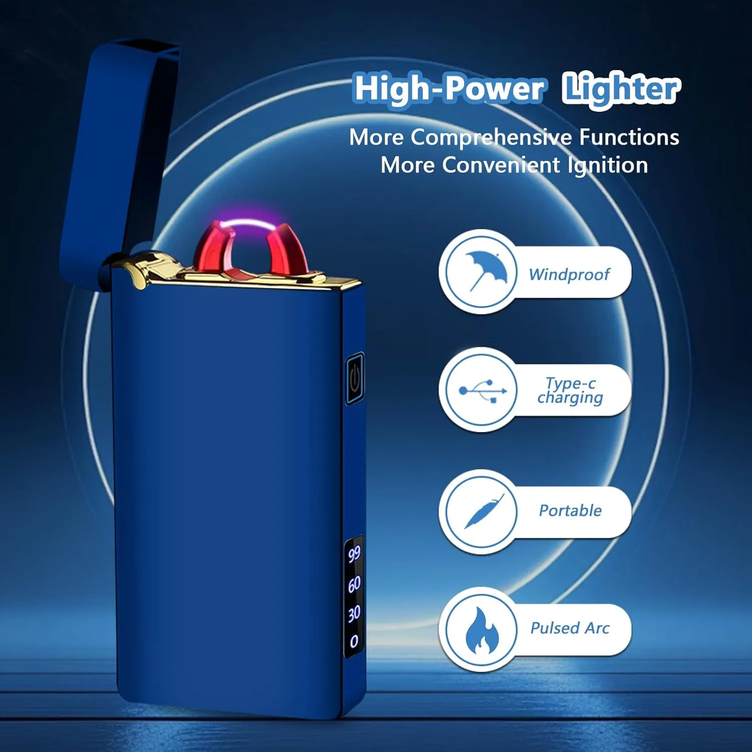 Electric Lighter USB Type-C Rechargeable Plasma Arc Lighter, High Power Flame Torch Lighter Windproof with LED Battery Indication Candle, Incense, Camping Gifts (Blue, 220mAh)
