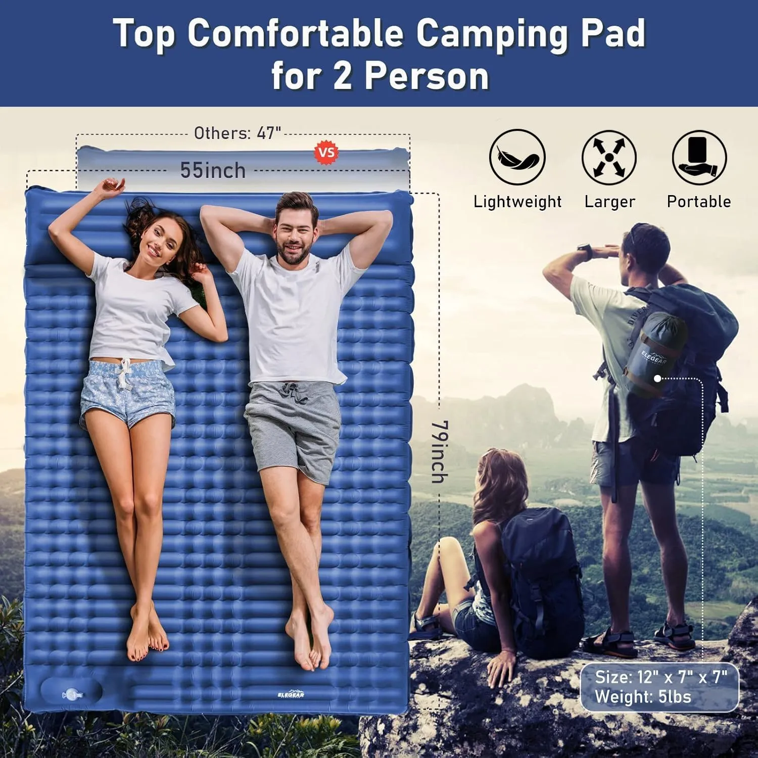 Elegear Double Sleeping Pad - 4" Ultra-Thick Self Inflating Camping Mat for 2 Persons with Built-in Pillow and Foot Pump