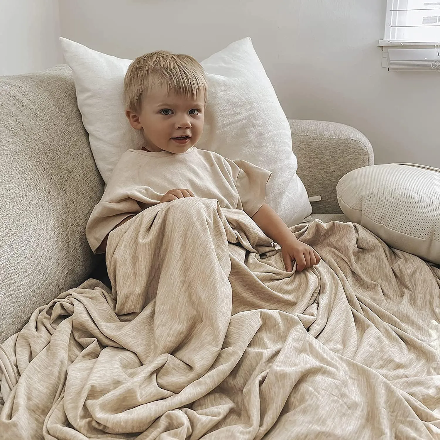 Elegear Revolutionary Cooling Blanket Throw Absorbs Heat to Keep Body Cool for Night Sweats, Arc-Chill 3.0 Cool Fiber Q-Max>0.5 for Hot Sleepers, Lightweight Summer Cold Blankets for Sleeping, Beige