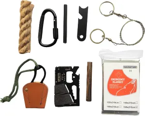 Emergency Fire Starter Multi Purpose Card Tool Saw Ferro Rod Striker Blanket Wax Rope for Camping Hiking Bushcraft (FerroStriker Rope Saw  Tool Blanket Clip)