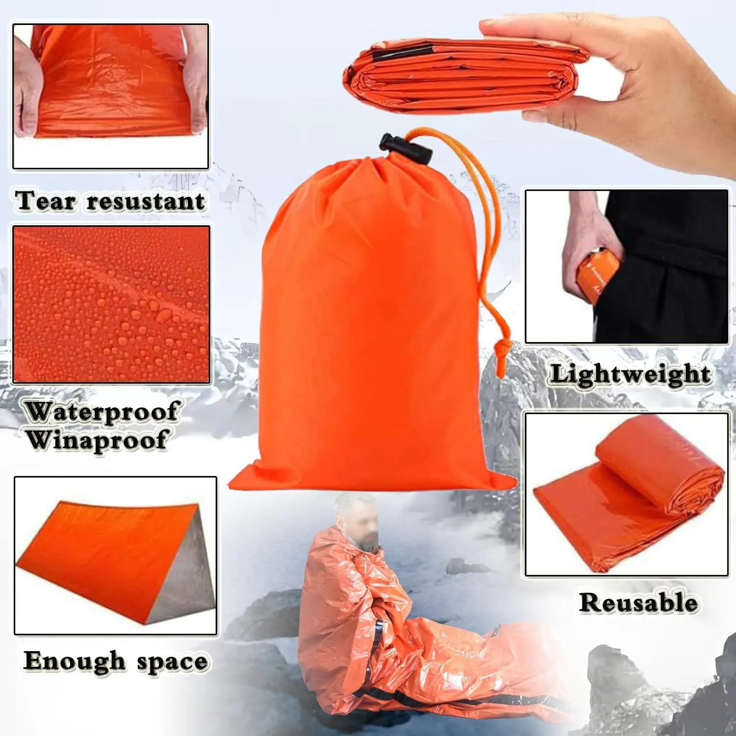 Emergency Sleeping Bag, Emergency Sleeping Bags for Survival,Tiny Portable Thermal Waterproof Bivy Sack Blanket for Camping, Hiking, Outdoor.