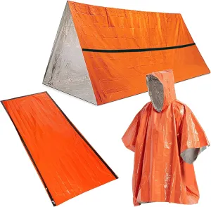 Emergency Survival Gear Waterproof Heat Reflective Thermal Poncho Raincoat with Sleeping Bag and Tent Shelter for Camping Hiking Adventure