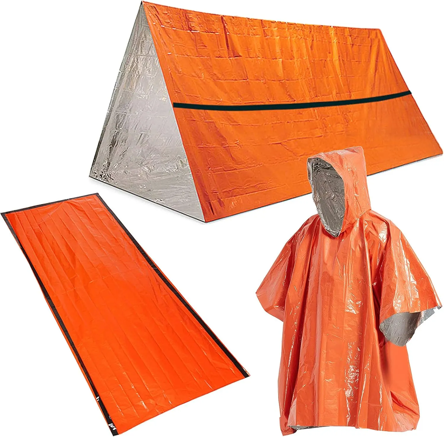 Emergency Survival Gear Waterproof Heat Reflective Thermal Poncho Raincoat with Sleeping Bag and Tent Shelter for Camping Hiking Adventure