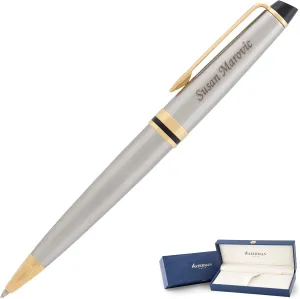 Engraved Waterman Expert Ballpoint Pen in Brushed Stainless Finish with Gold Trim. Personalized Luxury Gift for Graduation or Professional Milestone.