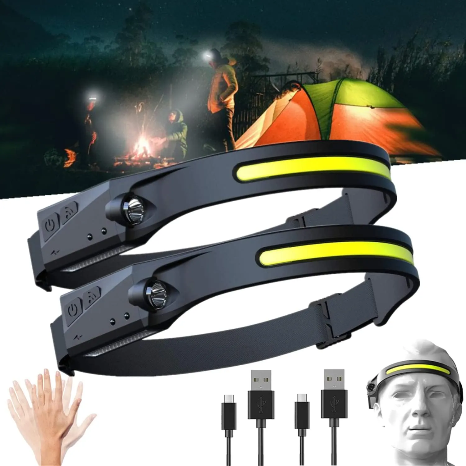 Esissenils Rechargeable Headlamp 2PCS, 230° Wide Beam Head Lamp, Motion Sensor LED Headlamp Rechargeable, 5Mode Bright Headlamps for Adults, Head Lights for Camping, Hiking, Running, Outdoor
