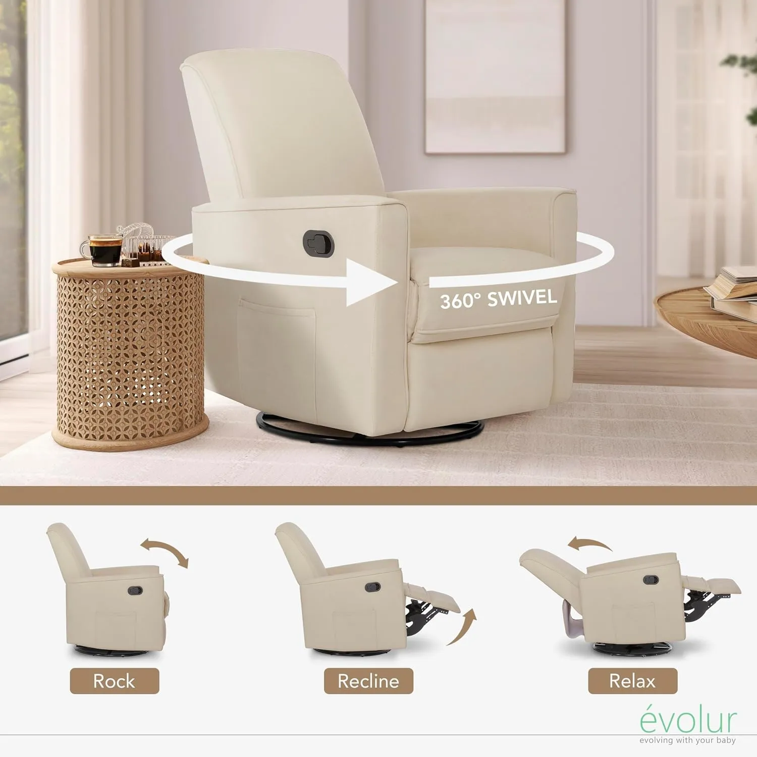 Evolur Raleigh Upholstered Plush Seating Nursery Glider 360-degree, Swivel Rocker Recliner, Multi Recline Positions, Greenguard Gold & JPMA Certified, Stain Resistant, Tool-Free Assembly, Shell