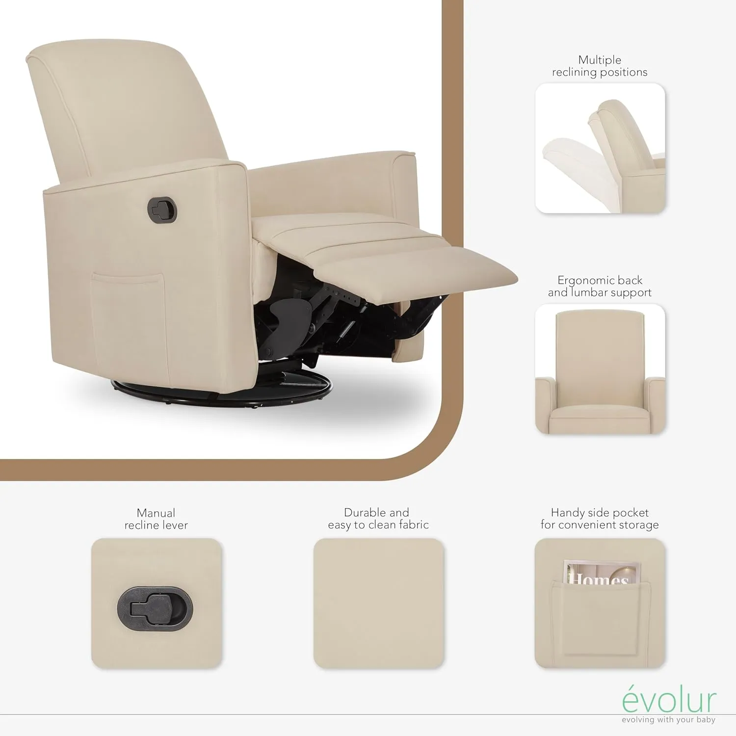 Evolur Raleigh Upholstered Plush Seating Nursery Glider 360-degree, Swivel Rocker Recliner, Multi Recline Positions, Greenguard Gold & JPMA Certified, Stain Resistant, Tool-Free Assembly, Shell