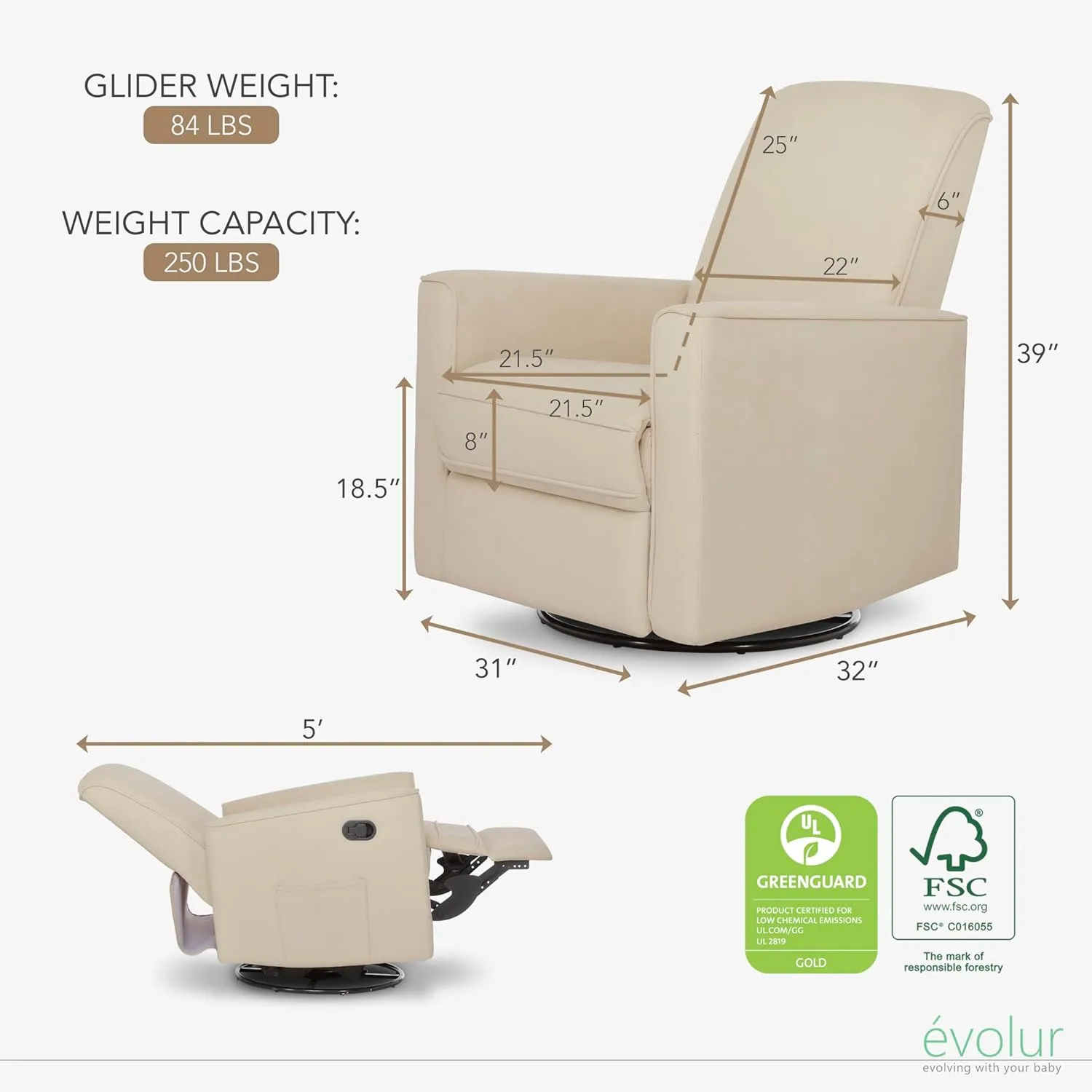 Evolur Raleigh Upholstered Plush Seating Nursery Glider 360-degree, Swivel Rocker Recliner, Multi Recline Positions, Greenguard Gold & JPMA Certified, Stain Resistant, Tool-Free Assembly, Shell