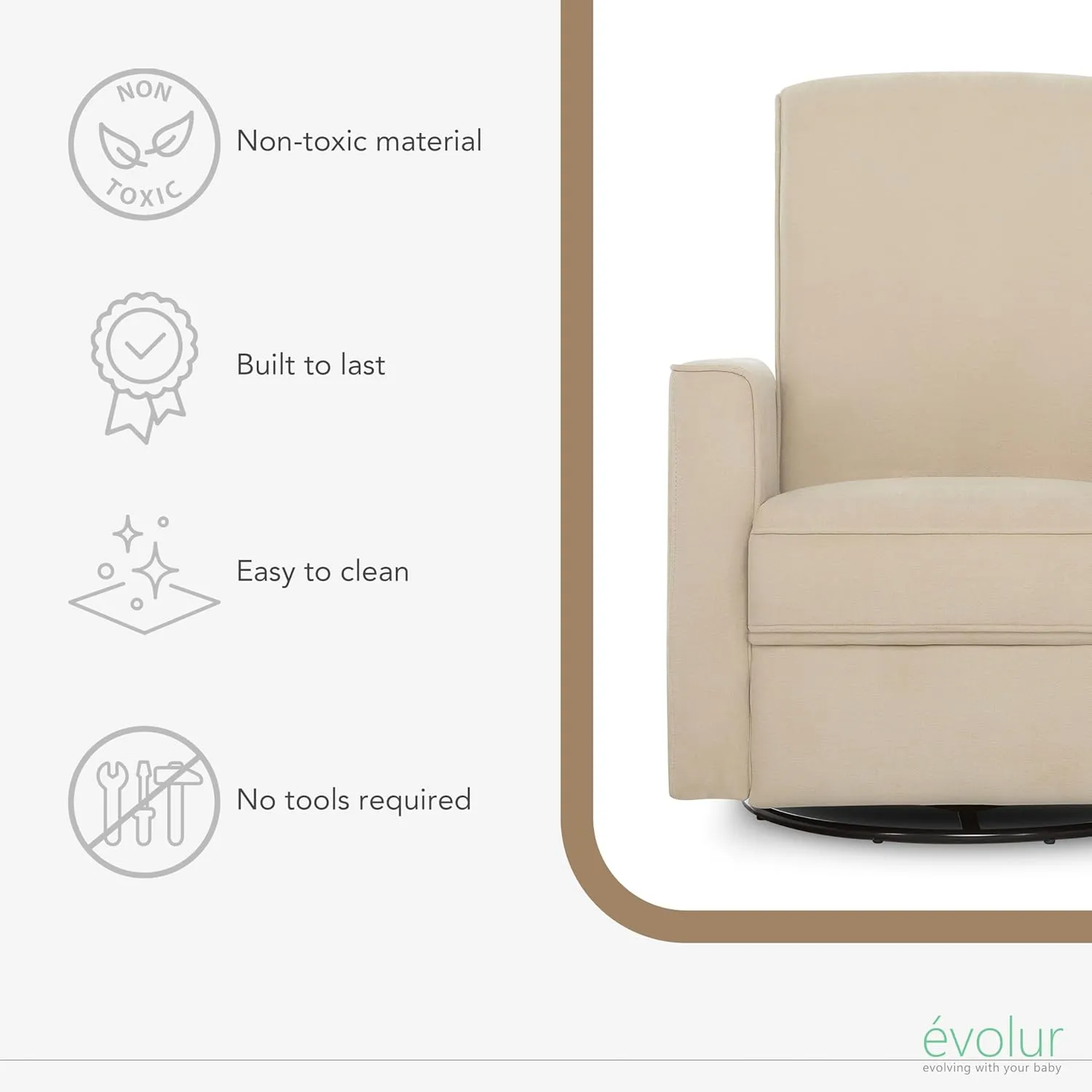 Evolur Raleigh Upholstered Plush Seating Nursery Glider 360-degree, Swivel Rocker Recliner, Multi Recline Positions, Greenguard Gold & JPMA Certified, Stain Resistant, Tool-Free Assembly, Shell
