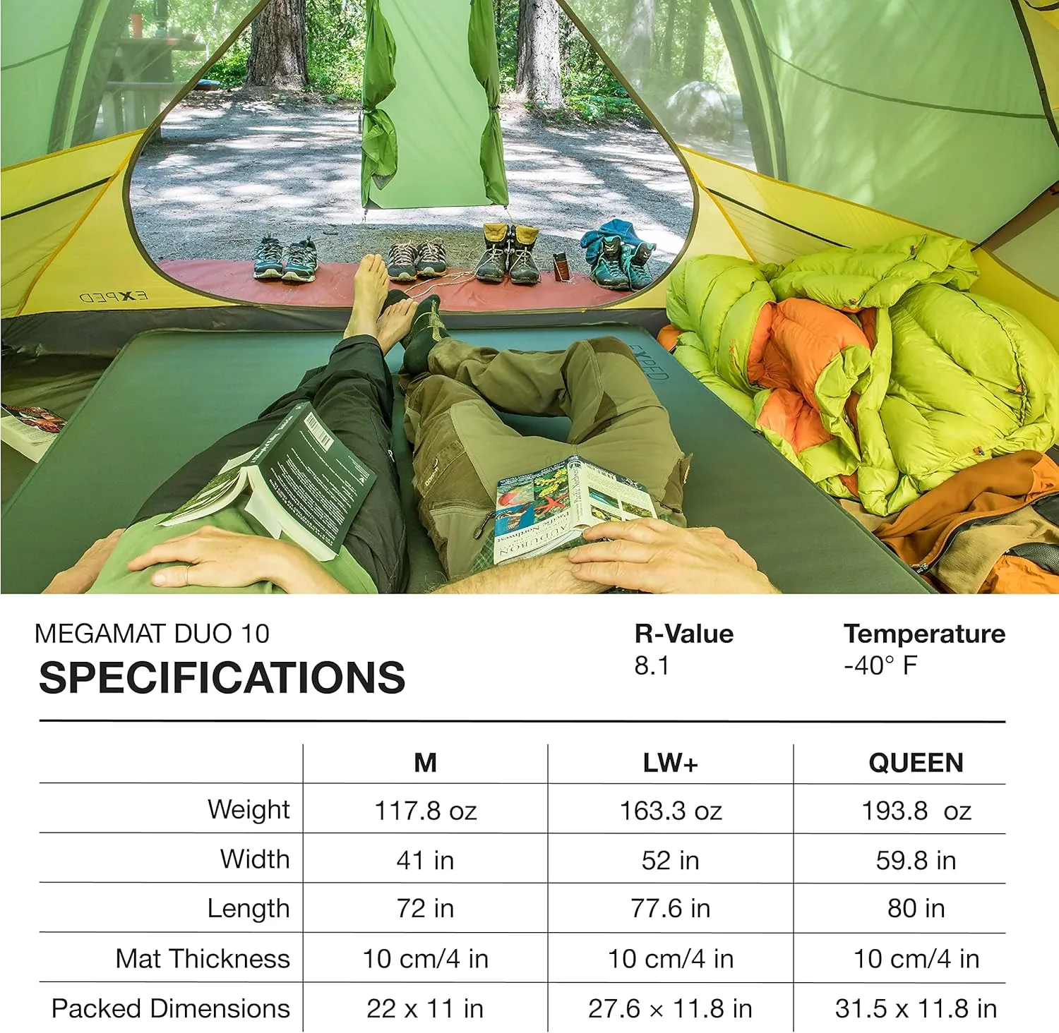 Exped MegaMat 10 Duo - Self Inflating Foam Sleeping Pad, 4" Thickness Camping Bed, Compact and Lightweight, Mini Pump Included, Green, Queen - Past Season