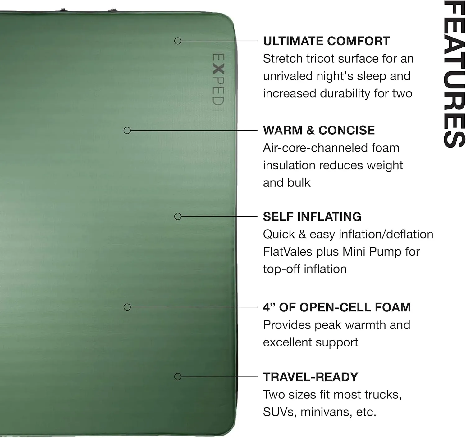 Exped MegaMat 10 Duo - Self Inflating Foam Sleeping Pad, 4" Thickness Camping Bed, Compact and Lightweight, Mini Pump Included, Green, Queen - Past Season