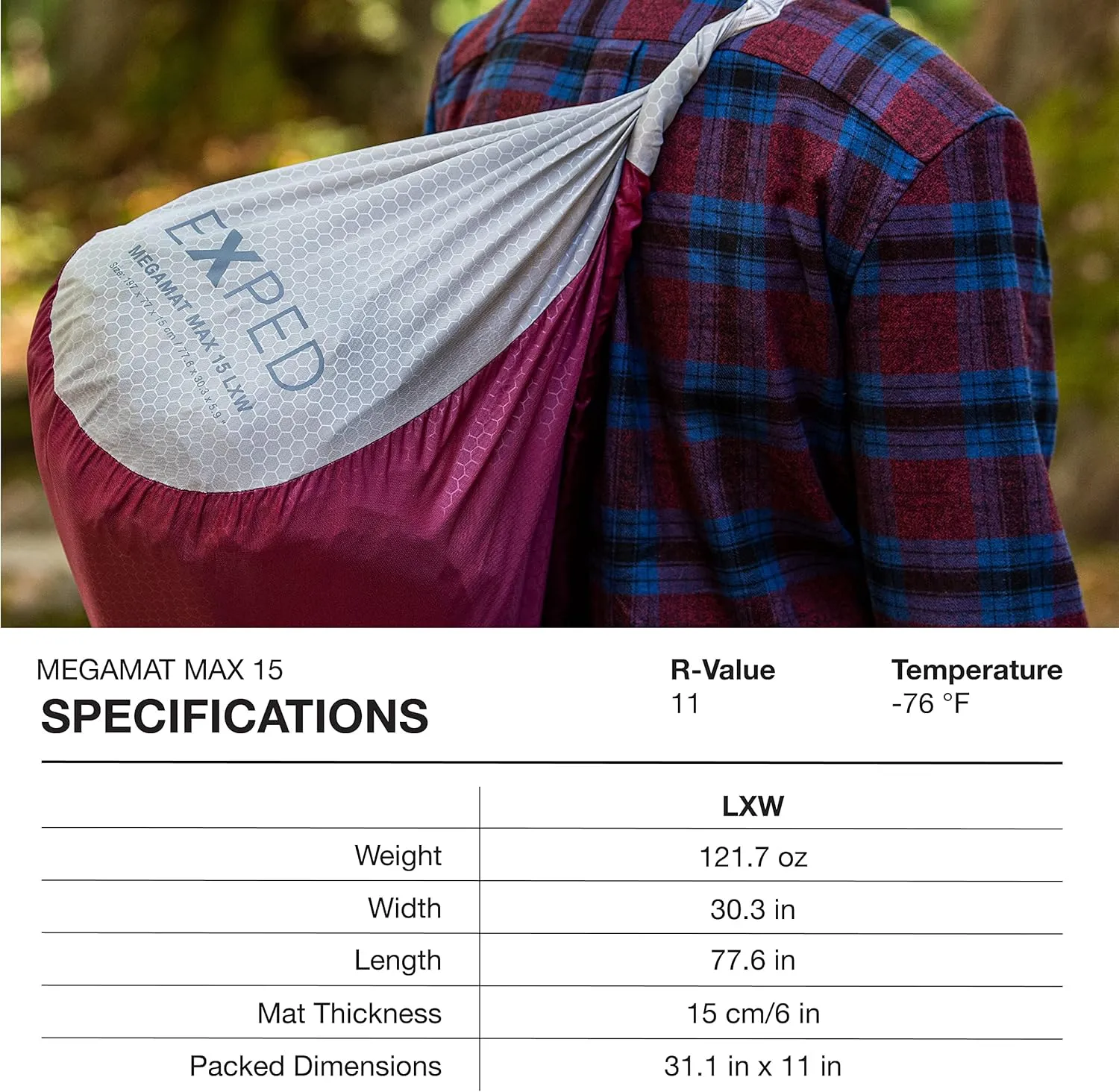 Exped MegaMat 15 - Self Inflating Foam Sleeping Pad, 6" Thickness Camping Bed, Compact and Lightweight, Mini Pump Included, Burgundy, Long Extra Wide - Past Season