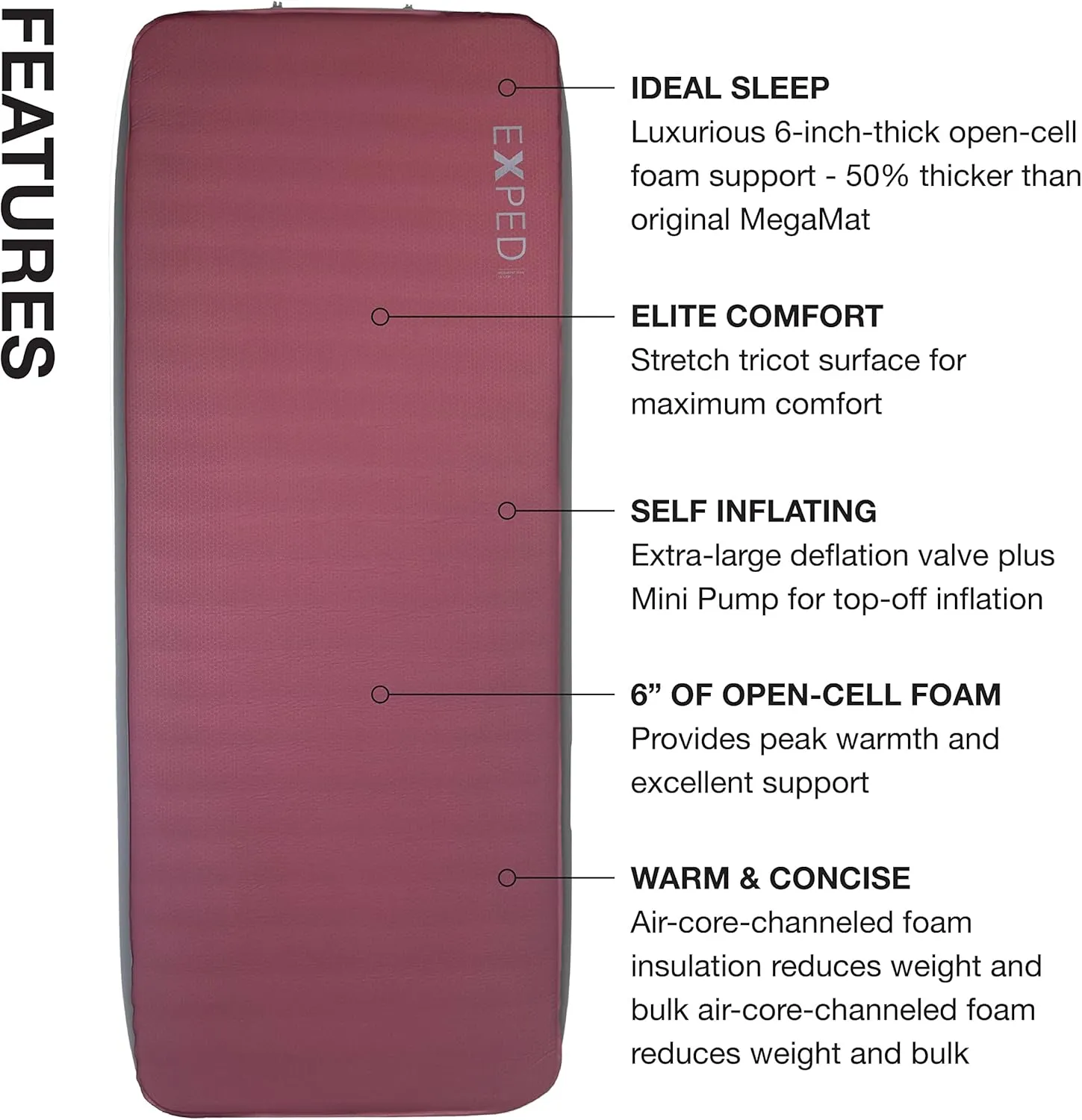Exped MegaMat 15 - Self Inflating Foam Sleeping Pad, 6" Thickness Camping Bed, Compact and Lightweight, Mini Pump Included, Burgundy, Long Extra Wide - Past Season