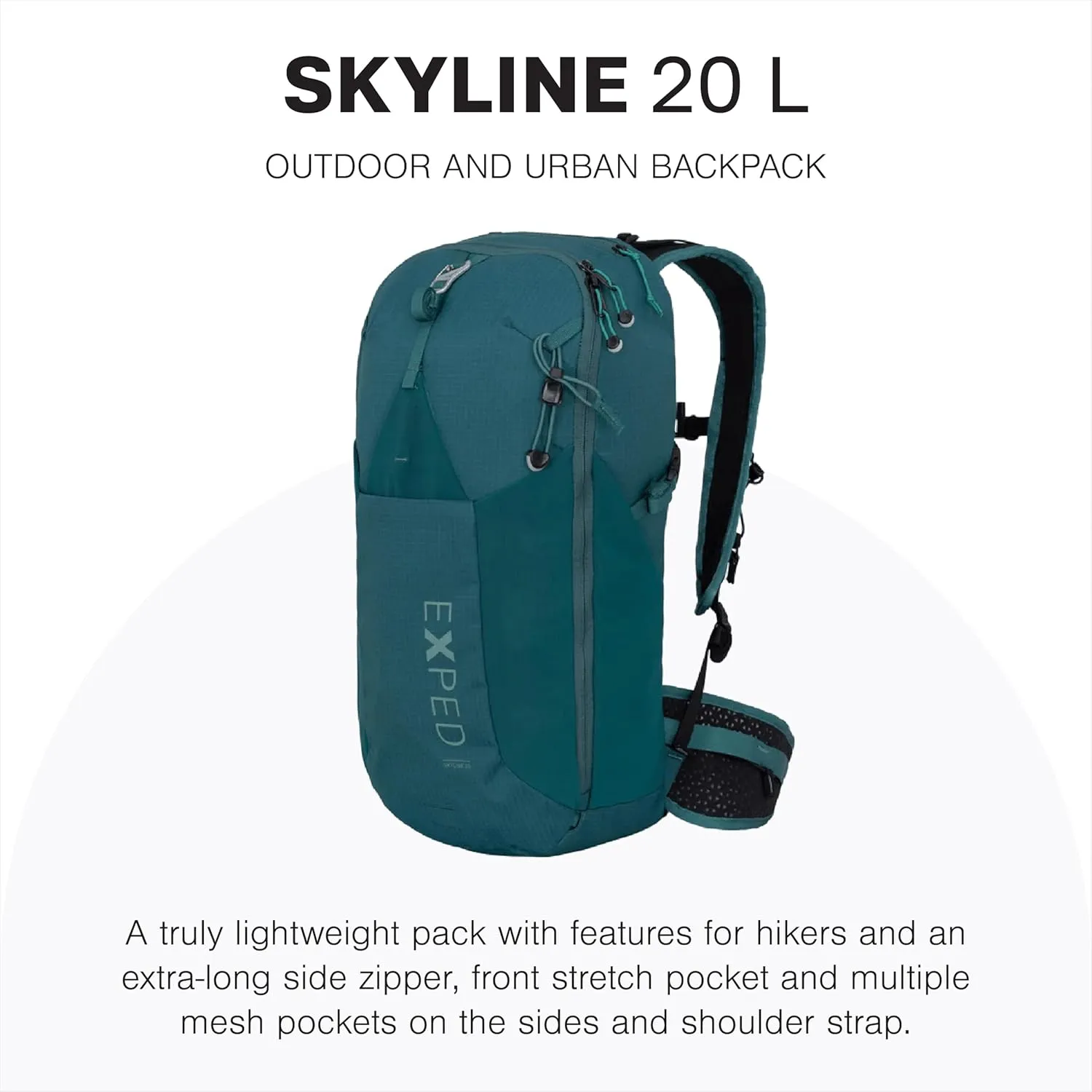 Exped Skyline 20 Liter Backpack - Lightweight Daypack Used for Hiking, Day Trips, and Travel, Hip Belt, Rain Cover, Storage and Bladder Compartment, Medium/Long, Cypress