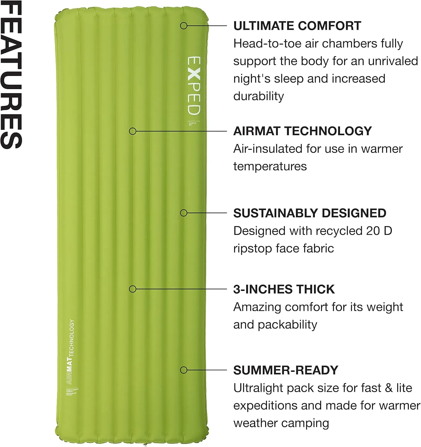 Exped Ultra Series: 1R, 3R, 5R, 7R Single & Duo - Lightweight Backpacking Mat - Packable and Comfortable - Sleeping Pad with Pumpbag for Self-Inflation