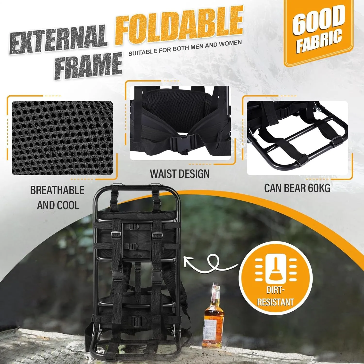 External Frame Hiking Backpack - Foldable Aluminum Hunting Pack Frame │ 60kg Load Capacity │ Adjustable Top Frame & Breathable Mesh For Camping, Hiking, Travel (Black)