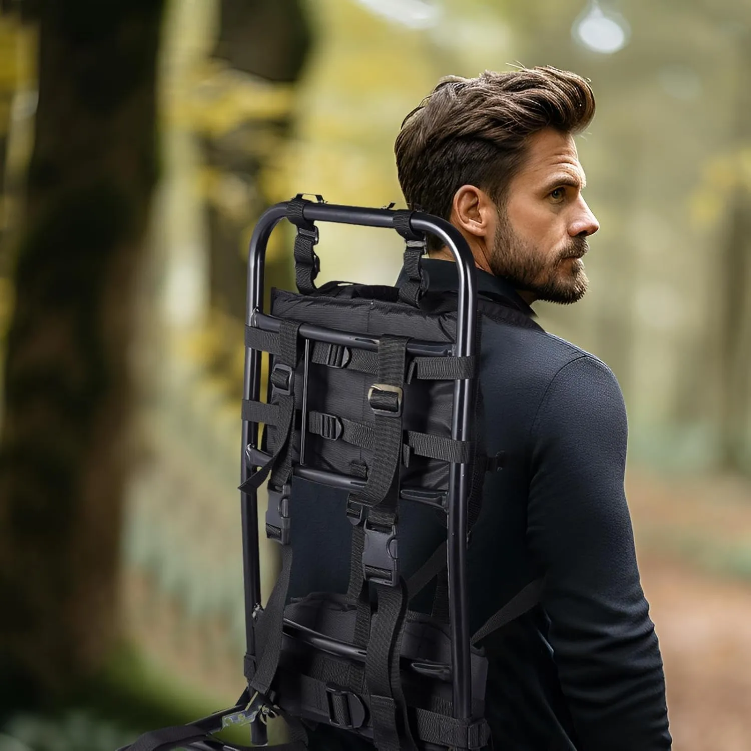 External Frame Hiking Backpack - Foldable Aluminum Hunting Pack Frame │ 60kg Load Capacity │ Adjustable Top Frame & Breathable Mesh For Camping, Hiking, Travel (Black)