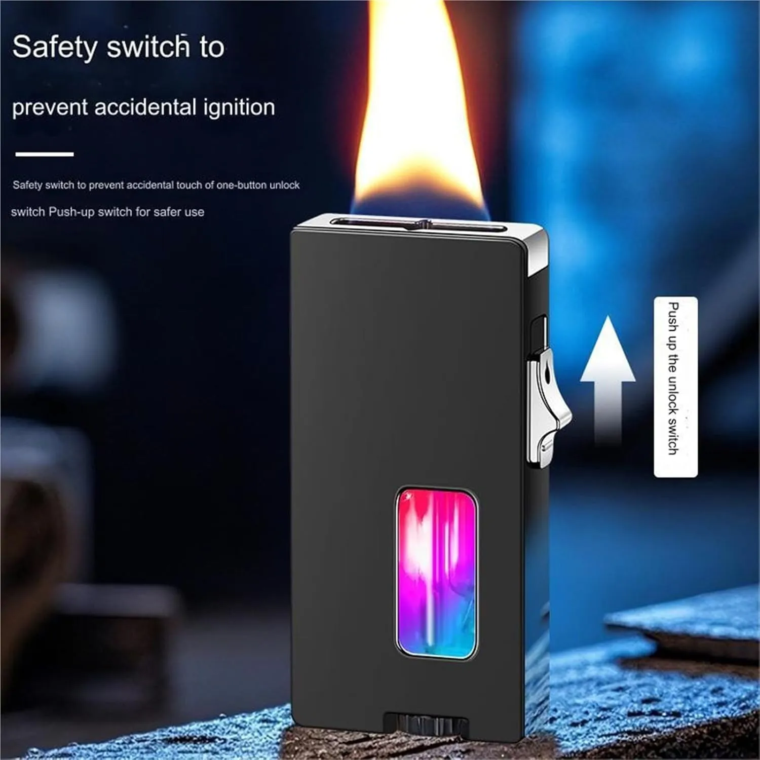 Extra Wide Soft Flame Lighter with Visible Window, Windproof Lighter, Induction Ignition, with Safety Lock, Adjustable and refillable Lighter, Suitable for Barbecue, Candle, Camping(B)