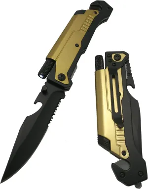 Falcon Spring Assisted Rescue Pocket Knife with Fire Starter and LED Flash Light