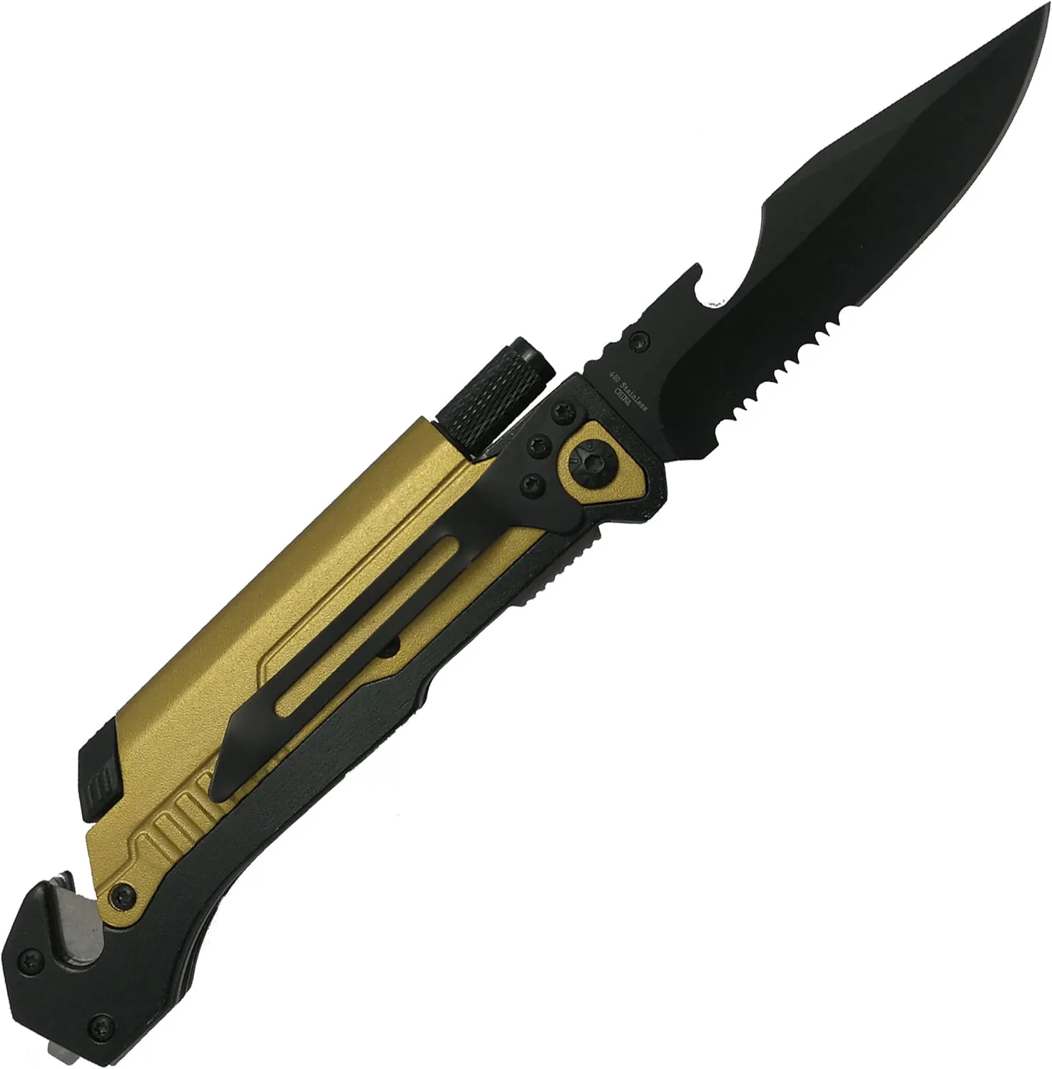Falcon Spring Assisted Rescue Pocket Knife with Fire Starter and LED Flash Light