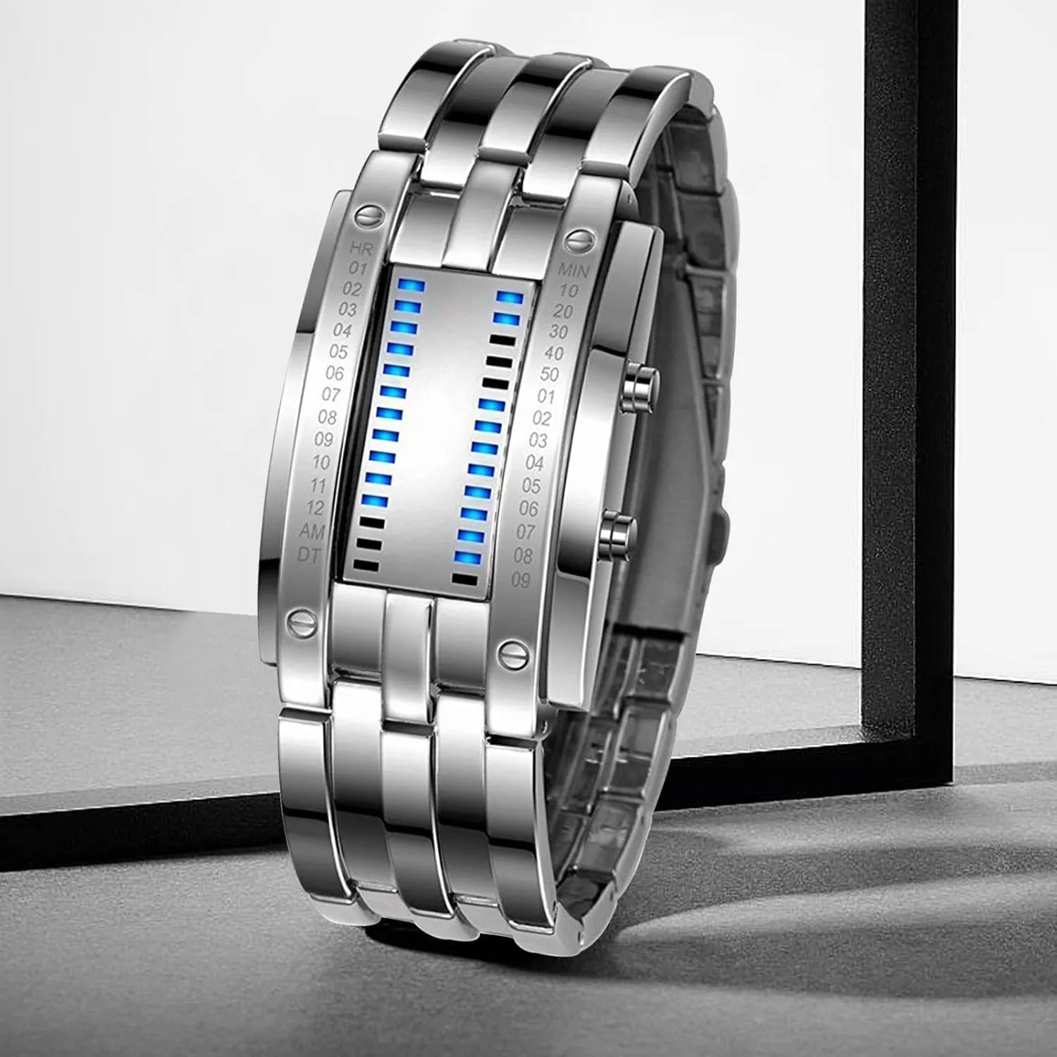 FANMIS Creative Mens Binary Matrix Blue LED Digital Watch Fashion Classic Black Plated Waterproof LED Backlight Bracelet Watches