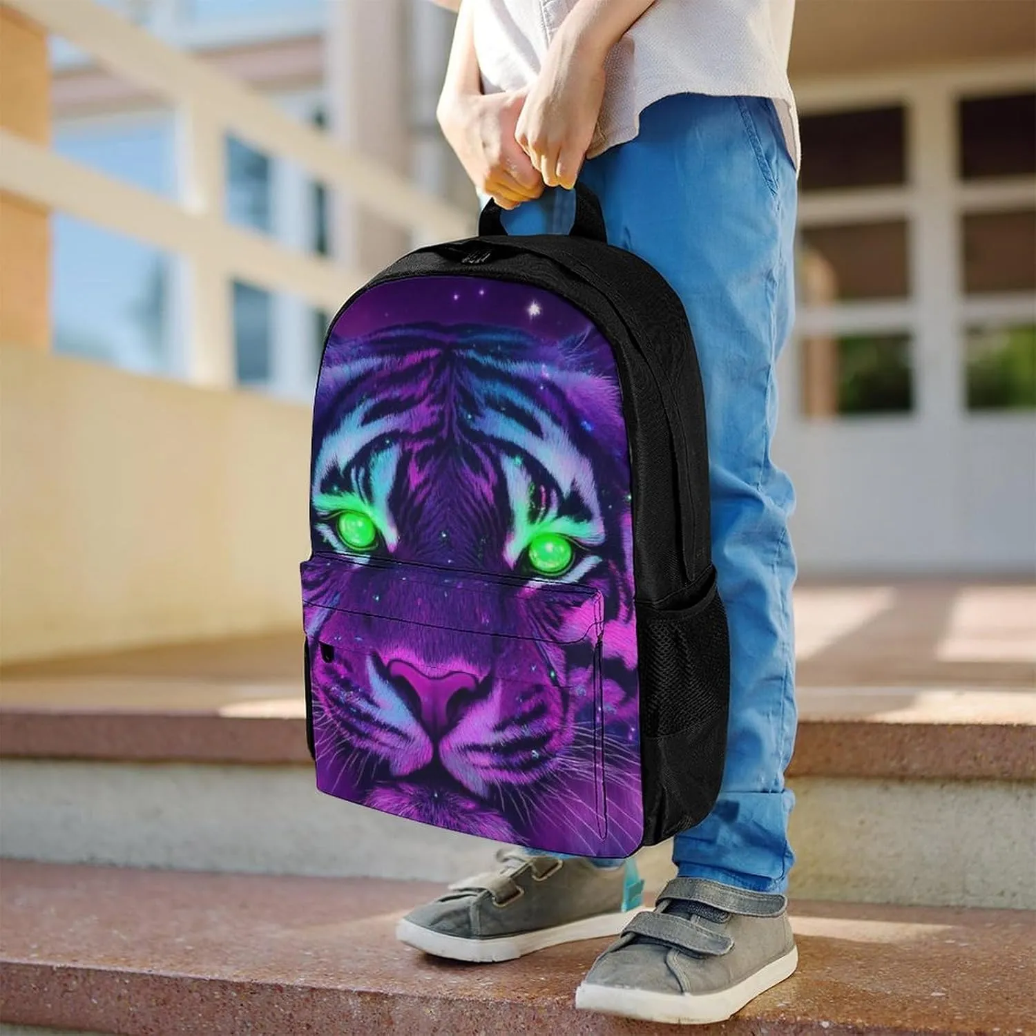 Fantasy Purple Galaxy Sky Tiger Art Backpack Polyester Anti-Theft Multipurpose Bookbag Large Capacity Laptop Book Bag Rucksack With Side Pockets