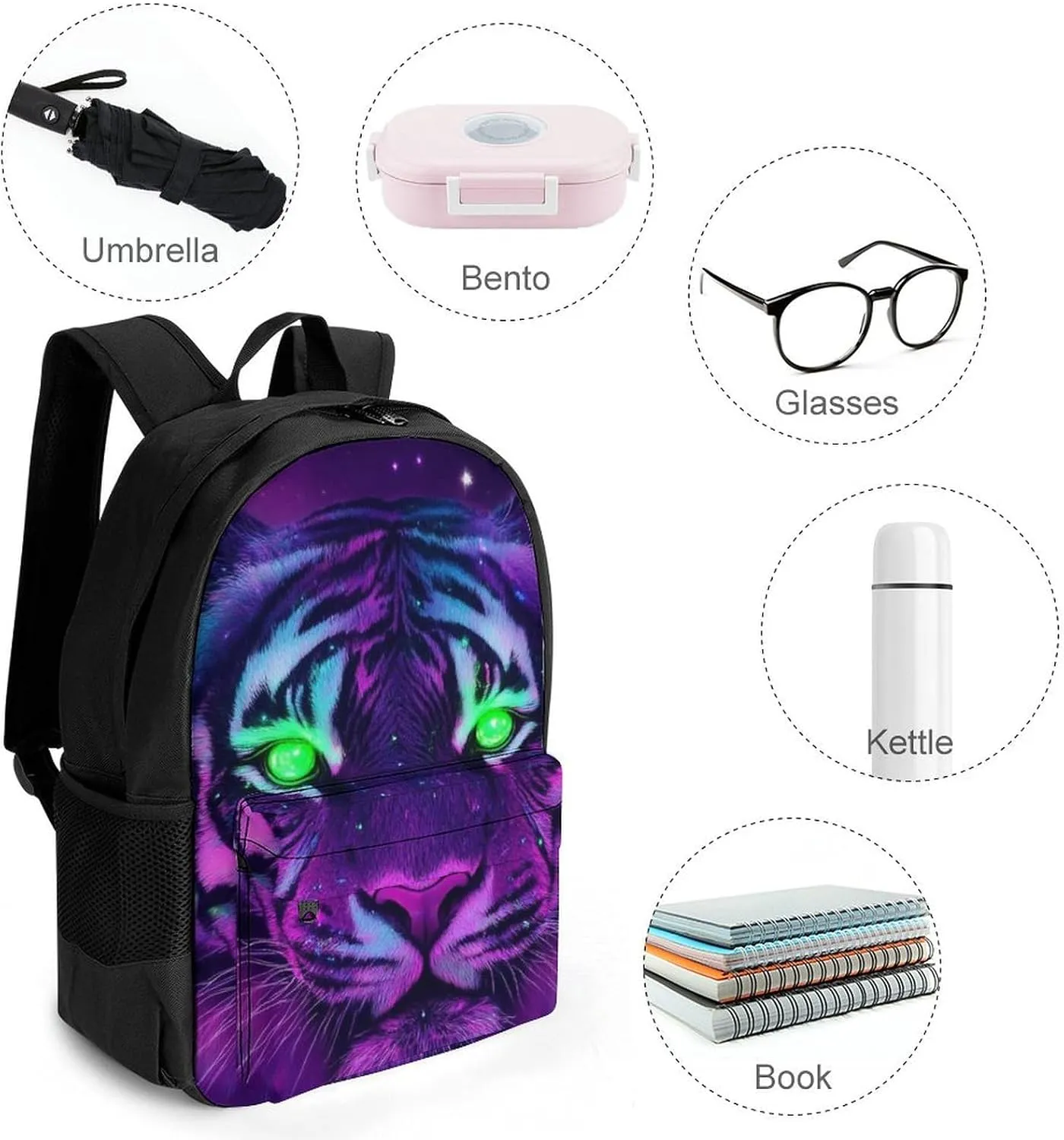 Fantasy Purple Galaxy Sky Tiger Art Backpack Polyester Anti-Theft Multipurpose Bookbag Large Capacity Laptop Book Bag Rucksack With Side Pockets