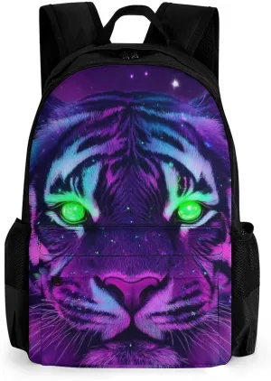 Fantasy Purple Galaxy Sky Tiger Art Backpack Polyester Anti-Theft Multipurpose Bookbag Large Capacity Laptop Book Bag Rucksack With Side Pockets
