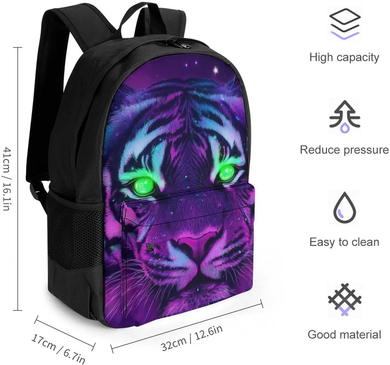 Fantasy Purple Galaxy Sky Tiger Art Backpack Polyester Anti-Theft Multipurpose Bookbag Large Capacity Laptop Book Bag Rucksack With Side Pockets