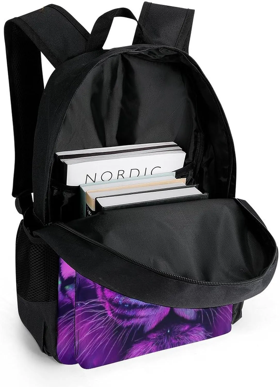 Fantasy Purple Galaxy Sky Tiger Art Backpack Polyester Anti-Theft Multipurpose Bookbag Large Capacity Laptop Book Bag Rucksack With Side Pockets