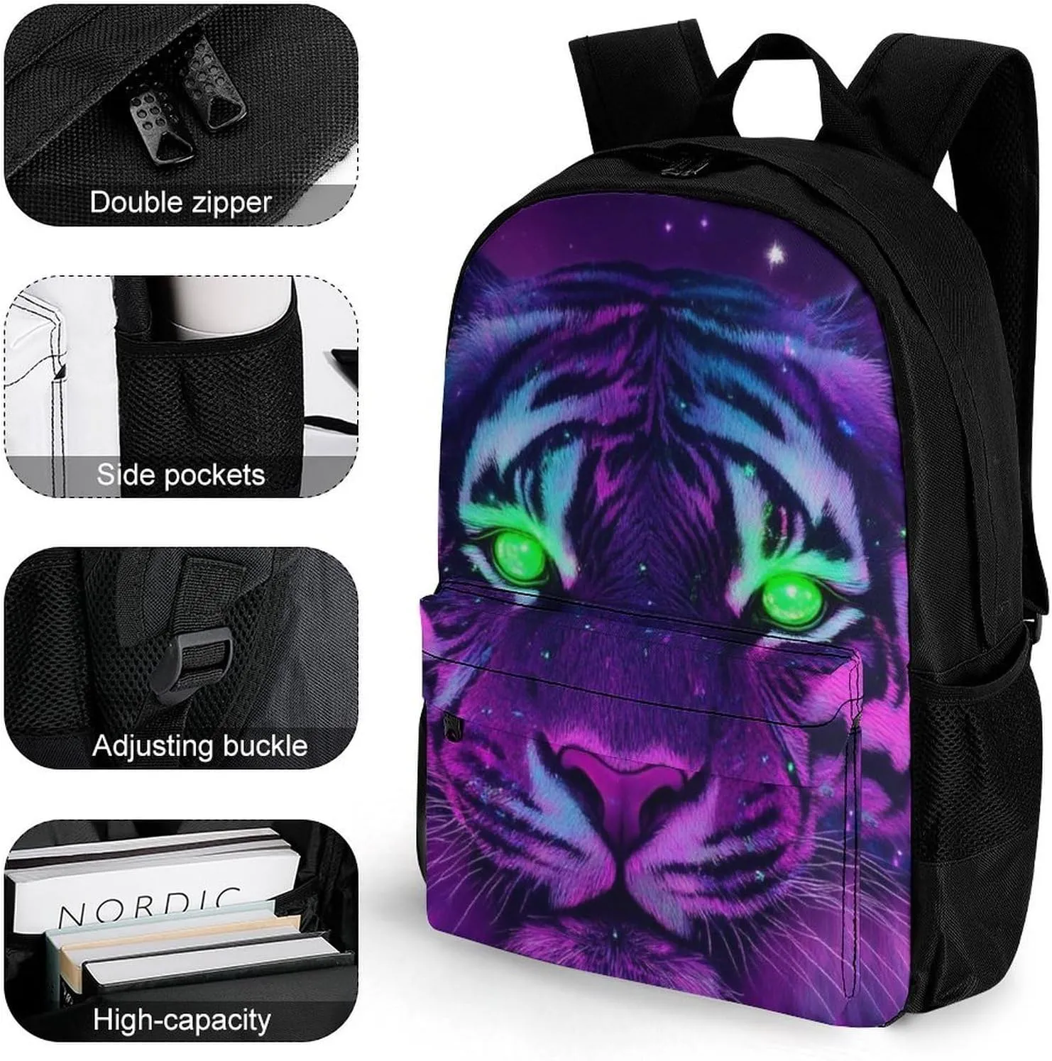 Fantasy Purple Galaxy Sky Tiger Art Backpack Polyester Anti-Theft Multipurpose Bookbag Large Capacity Laptop Book Bag Rucksack With Side Pockets