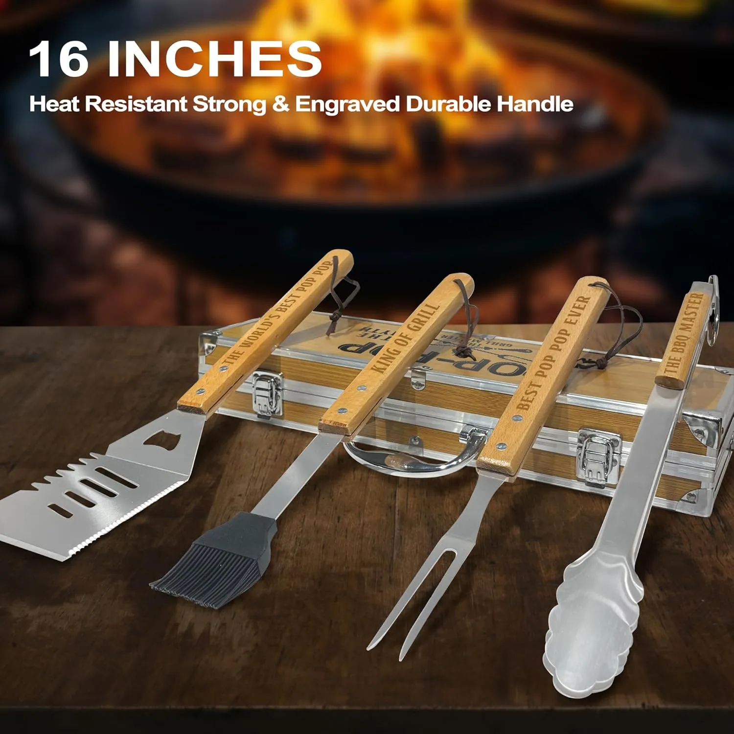 Fathers Day Pop Pop Gifts from Grandkids, Pop Pop Gifts Heavy Duty Wooden BBQ Grilling Accessories Kit for Backyard, Thick Stainless Steel Grill Utensils with Non-Slip Handle Tools in Portable Bag