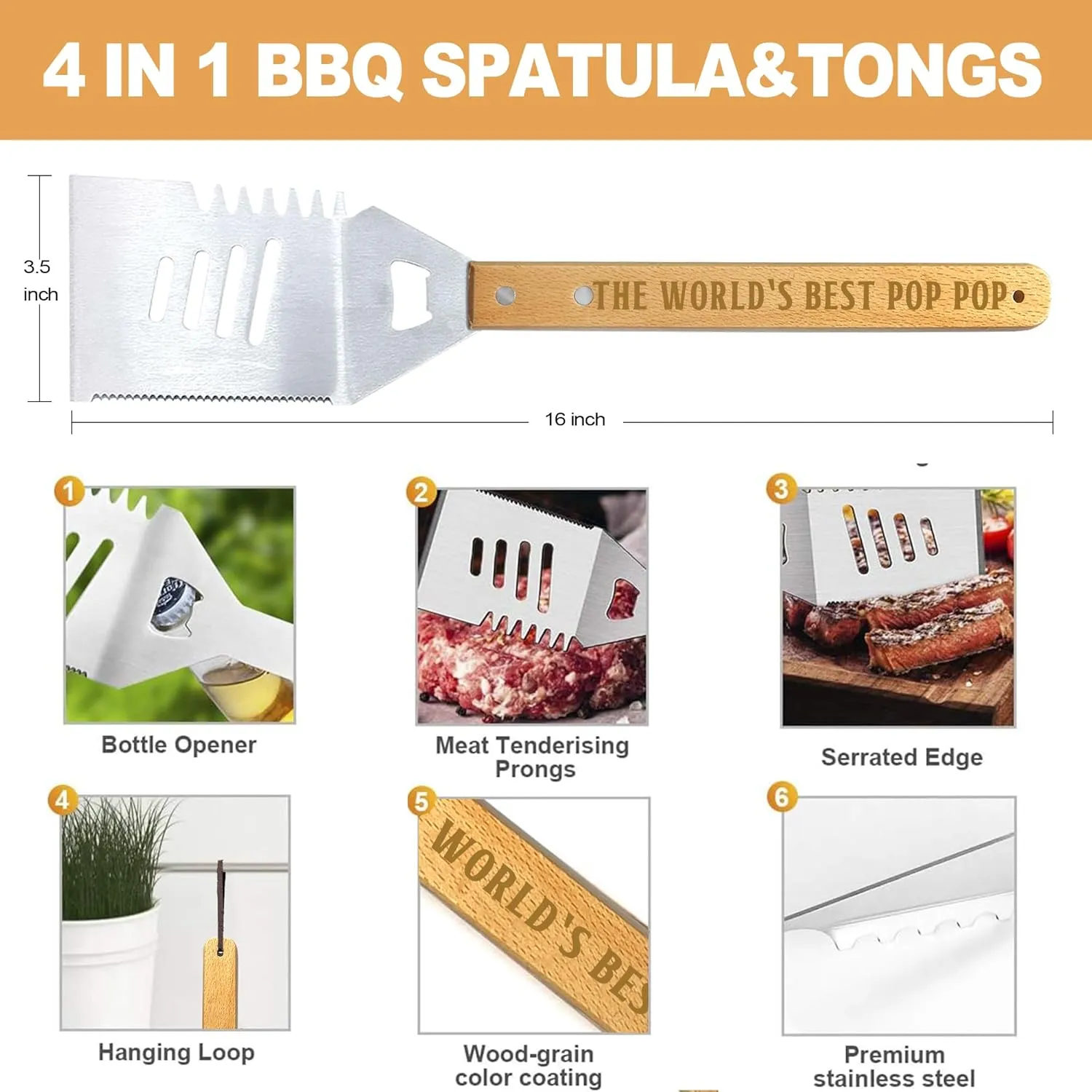 Fathers Day Pop Pop Gifts from Grandkids, Pop Pop Gifts Heavy Duty Wooden BBQ Grilling Accessories Kit for Backyard, Thick Stainless Steel Grill Utensils with Non-Slip Handle Tools in Portable Bag