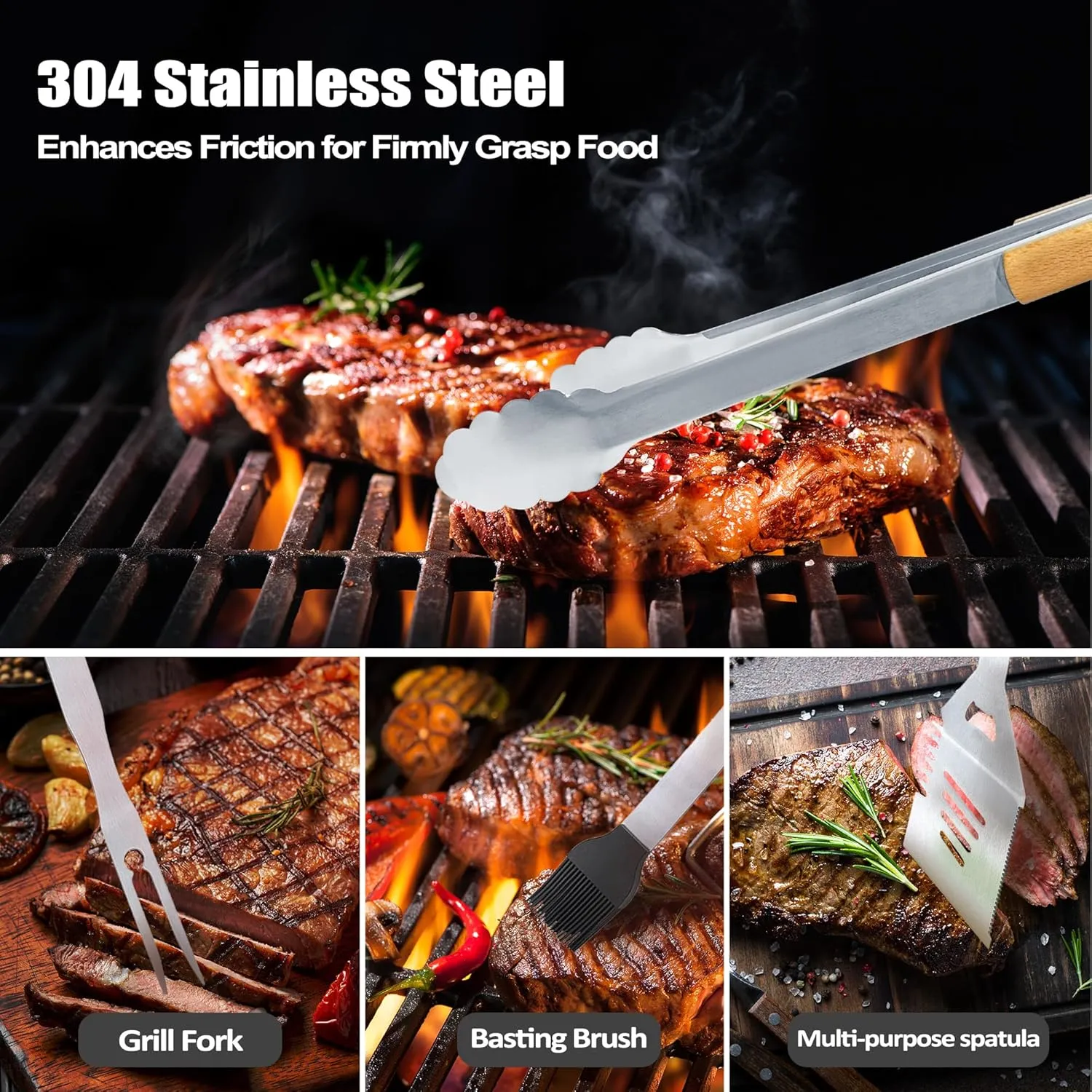 Fathers Day Pop Pop Gifts from Grandkids, Pop Pop Gifts Heavy Duty Wooden BBQ Grilling Accessories Kit for Backyard, Thick Stainless Steel Grill Utensils with Non-Slip Handle Tools in Portable Bag
