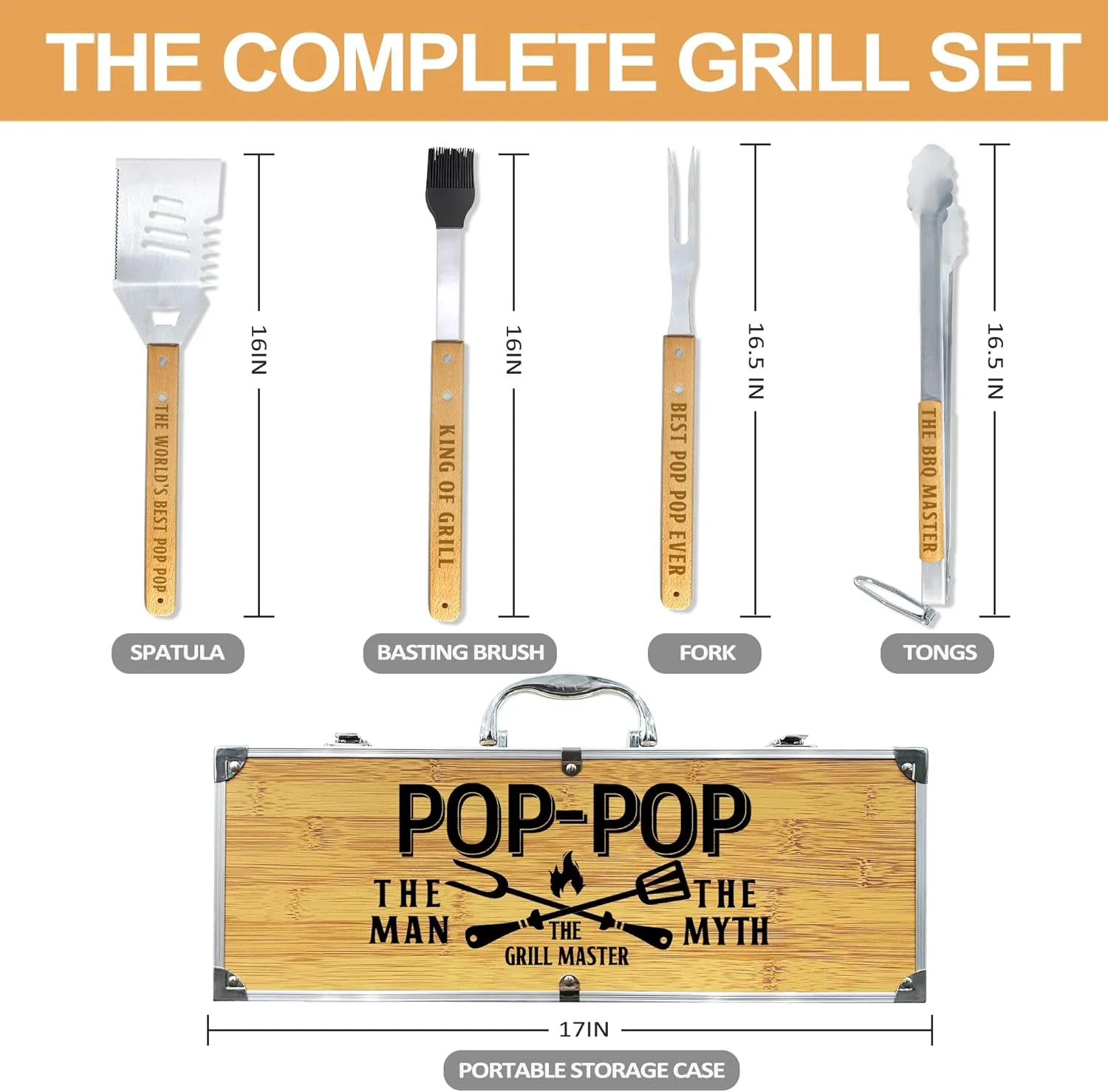 Fathers Day Pop Pop Gifts from Grandkids, Pop Pop Gifts Heavy Duty Wooden BBQ Grilling Accessories Kit for Backyard, Thick Stainless Steel Grill Utensils with Non-Slip Handle Tools in Portable Bag