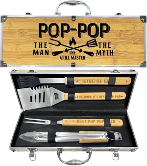 Fathers Day Pop Pop Gifts from Grandkids, Pop Pop Gifts Heavy Duty Wooden BBQ Grilling Accessories Kit for Backyard, Thick Stainless Steel Grill Utensils with Non-Slip Handle Tools in Portable Bag