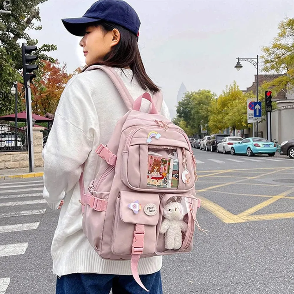 FETNHU Preppy Backpack, Kawaii Backpack with Kawaii Pin And Accessories for Girls School Cute Aesthetic Backpack (Red)