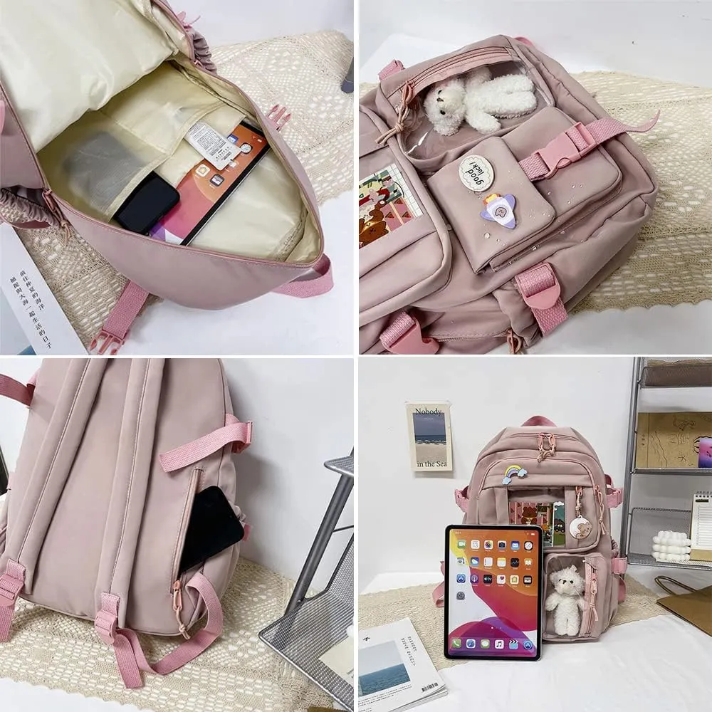 FETNHU Preppy Backpack, Kawaii Backpack with Kawaii Pin And Accessories for Girls School Cute Aesthetic Backpack (Red)