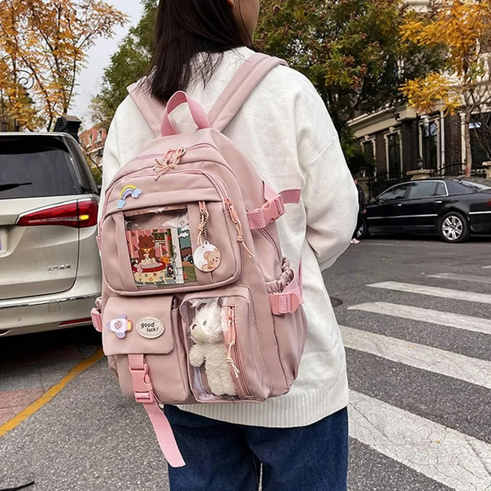 FETNHU Preppy Backpack, Kawaii Backpack with Kawaii Pin And Accessories for Girls School Cute Aesthetic Backpack (Red)