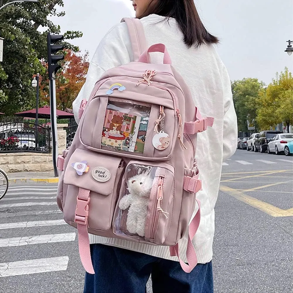 FETNHU Preppy Backpack, Kawaii Backpack with Kawaii Pin And Accessories for Girls School Cute Aesthetic Backpack (Red)