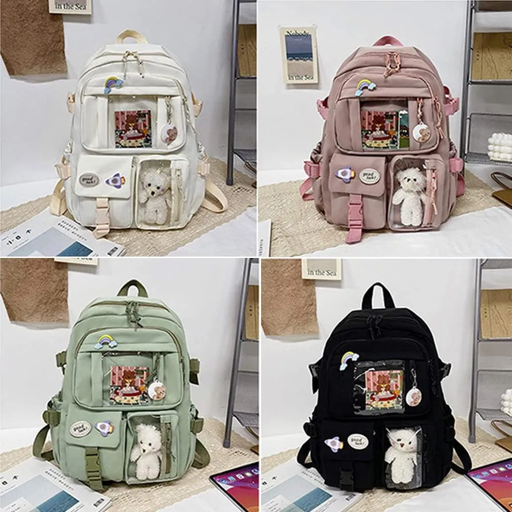 FETNHU Preppy Backpack, Kawaii Backpack with Kawaii Pin And Accessories for Girls School Cute Aesthetic Backpack (Red)
